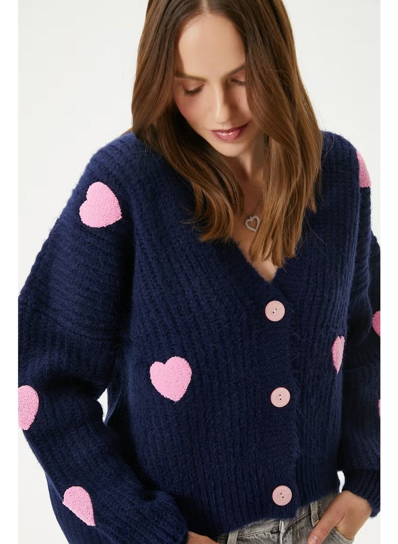 Ritnice Women's Cozy Navy Blue Pink Heart Embroidered Knitwear Cardigan - Image 3